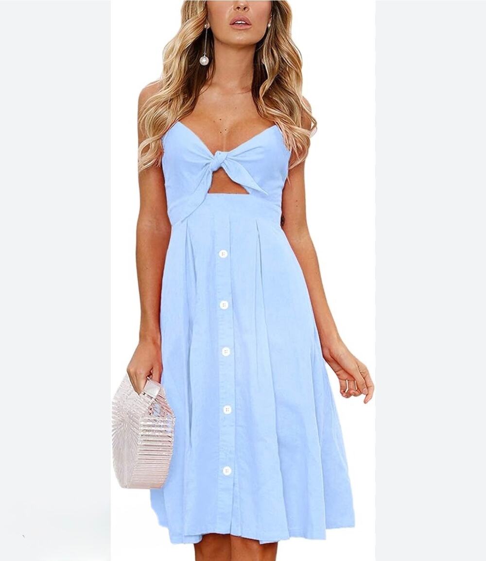 Light Blue Tie Front Sundress Buttons Smocked Back Mini Dress Adjustable Straps